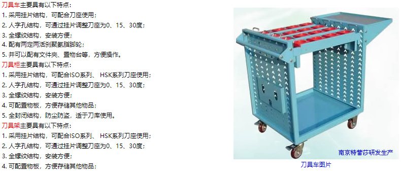 刀具车主要具有以下特点： 1. 采用挂片结构，可配合刀座使用； 2. 人字孔结构，可通过挂片调整刀座为0、15、30度； 3. 全螺纹结构，安装方便； 4. 配有两定两活刹聚氨脂脚轮； 5. 并可以配有文件夹、置物台等，方便操作。 刀具柜主要具有以下特点： 1. 采用挂片结构，可配合ISO系列、 HSK系列刀座使用； 2. 人字孔结构，可通过挂片调整刀座为0、15、30度； 3. 全螺纹结构，安装方便； 4. 可配置物板，方便存储其他物品； 5. 全封闭结构，防尘防盗，适于刀库使用。 刀具架主要具有以下特点： 1. 采用挂片结构，可配合ISO系列、 HSK系列刀座使用； 2. 人字孔结构，可通过挂片调整刀座为0、15、30度； 3. 全螺纹结构，安装方便； 4. 可配置物板，方便存储其他物品；